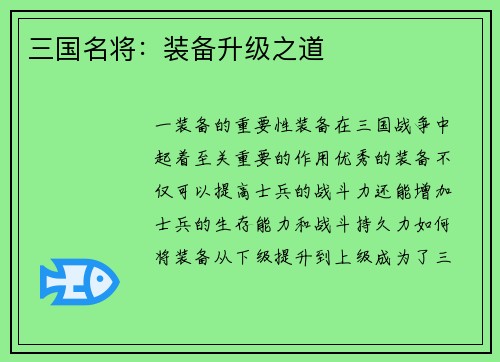 三国名将：装备升级之道